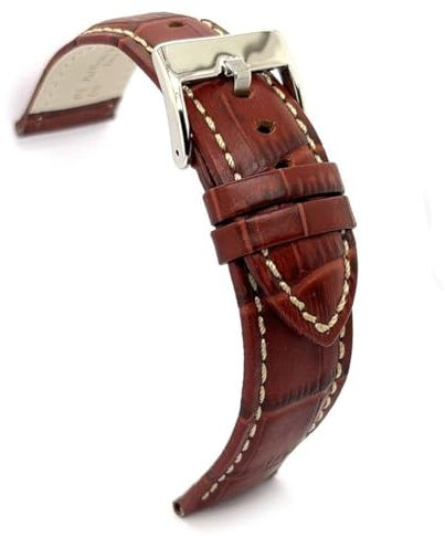 diloy Sportliches gepolstertes Uhrenarmband Rindsleder Krokoprägung quadratisch weiße Naht – Größen 14mm 16mm 18mm 20mm 22mm 24mm 26mm 28mm 30mm – Elegant 378 Mittleres Braun 22mm