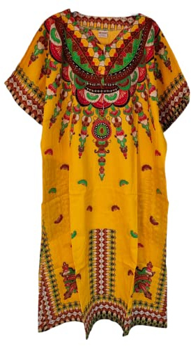 Robe caftan longue d'été pour femme 100 % coton Dashiki imprimé africain Taille unique, jaune, Taille unique