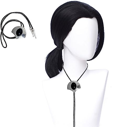 MORTICIA Herren 70er Jahre Hippie Kurze Gerade Schwarze Kostümperücke mit Widows Peak Herren Kurze Schwarze Gerade Perücke Halloween Kostüm mit 1 Bolo Krawatte