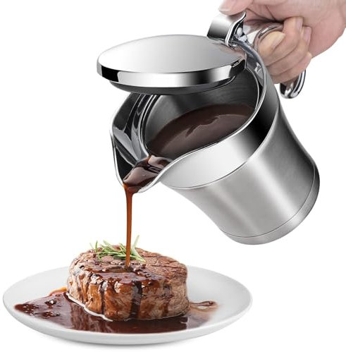 Stainless Steel Gravy Boat, 750ml Sauce Jug with Hinged Lid and Handle, Double Wall Insulated Gravy Jug Ideal for Gravy Custard Cream Sauce, Keeps Food Warm or Cool