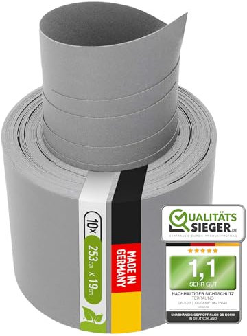 TerraUno Nachhaltige Sichtschutzstreifen für Doppelstabmatten, Polypropylen, Made in Germany, RAL 7040 Grau, 10 Streifen, extra stabil, Lederoptik, Zaun Sichtschutz mit UV-Beständigkeit