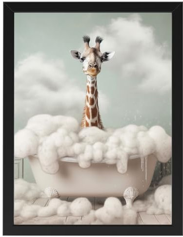 Giraffe in Badewanne, Poster 30cm x 40cm mit Rahmen, Toilette Badezimmer Deko Bild, Wand-Deko Bilder Lustiges Geschenk