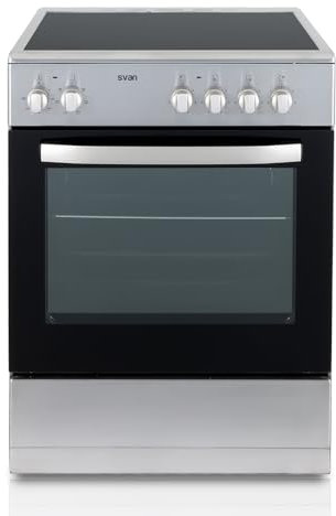 Svan Cocina Eléctrica con Horno Eléctrico 56L, 4 Zonas de Cocinado, Horno con Grill, 6 Programas de cocción, Inox SKV4600X. Acabado en Cristal negro, Eficiencia Energética Clase A