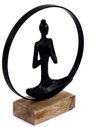 CREEDWOOD SKULPTUR Namaste | Mangoholz, 28cm, schwarz | Yoga Deko Figur, sitzende Yoga-Frau, meditierende Statue, Kreis Yoga Aufsteller, Yoga Pose Deko Objekt