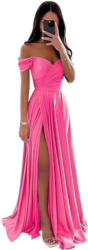 SWEMILE Robe Moulante Fendue Plissée en Satin Robe Chic et Elégant pour Bal Mariage Soirée Cocktail Gala de Promo Fête Anniversaire Robe Sexy sans Manches Dos Nu Robe Rose Vif Taille 42