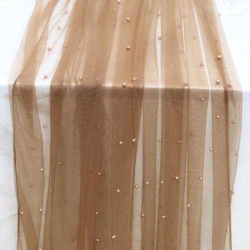 100cm x 160cm Kaffee Tüllstoff für Bekleidung & Deko,Perle Mash Stoffe zum Nähen Meterware,Hochzeitsstoff Tüll Dekostoff mit Perle für DIY Geburtstag Party Deko Tüll Stoffe Hochzeit Schleier