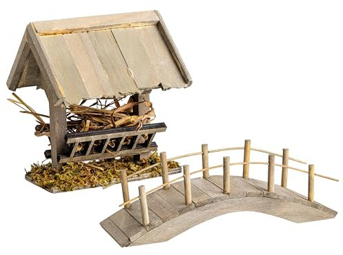 MaMeMi KRIPPENSET: BRÜCKE aus Holz (ca. 13 cm) und FUTTERKRIPPE aus Holz (ca. 10 cm) – Handgefertigtes Krippenzubehör für Weihnachtskrippe und Krippenlandschaften