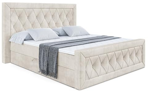 ALTDECOR Boxspringbett mit Multipocket-Matratze H4 (21 cm hoch) mit + PUR + Kokosmatte, Topper (4 cm hoch), Polsterbett mit Kopfteil und Bettkasten - Noel-Z - 160x200 - Beige Samt