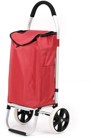 43.5Liter Aluminium Trolley Einkaufstrolley Klappbar, Shopping Trolley, Wasserabweisender Einkaufswagen Faltbar, Einkaufstasche mit 2 Rädern, Einkaufskorb mit Rollen, Groß - Rot