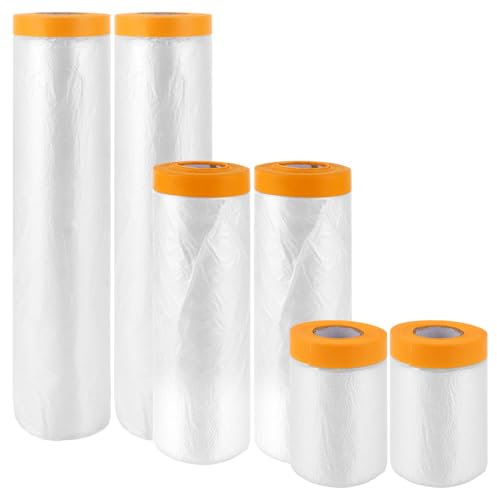 ZOFUN Lot de 6 rouleaux de film de masquage transparent de 20 m avec ruban adhésif en tissu - Ruban de masquage autocollant (55 cm/240 cm/270 cm)