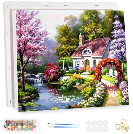 MEIYUDA Peinture par Numero Adulte avec Cadre Jardin de chalets, DIY Peinture Acrylique pour Adultes Débutants Facile sur Toile Avec Peintures et Pinceaux Decoration Maison Cadeau 40x30cm