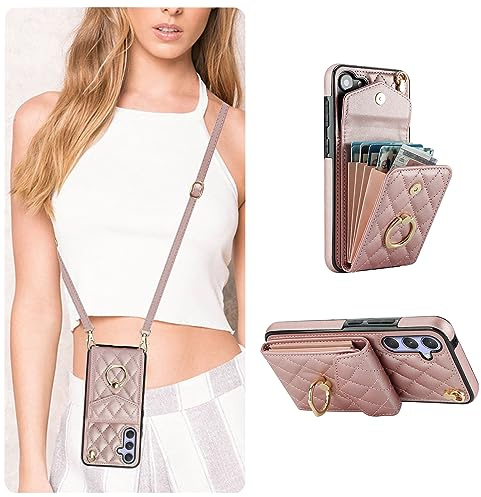 QLTYPRI Handyhülle für Samsung Galaxy A16 5G/4G Hülle mit Band, Mikrofaser Leder Handykette Case mit Kartenfach Ringständer RFID Schutzhülle Lederhülle Tasche Etui für Samsung Galaxy A16 - Roségold