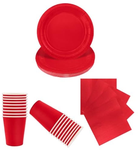 LAWALEISHE 72pcs Red Party Tableware Set, Disposable Red Paper Plates, Cups and Napkins, Solid Color Paper Tableware for Weddings, BBQ and Birthday Parties, Table Decorations