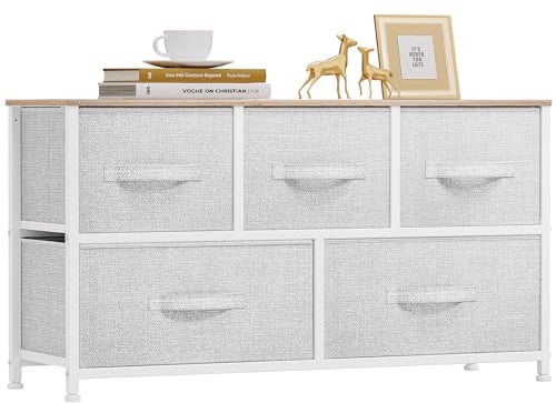 YITAHOME Kommode,Kommode mit 5 Schubladen,Schrank,Stoffschubladen mit Griffen,Metallgestell,Dauerhaft,Hellgrau