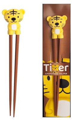 ESS-Stäbchen für Kinder, weiß, 22 cm, mit süßem Bär, Katze, Hase, Panda als Halterung für Anfänger, Stäbchen auswechselbar (Tiger)