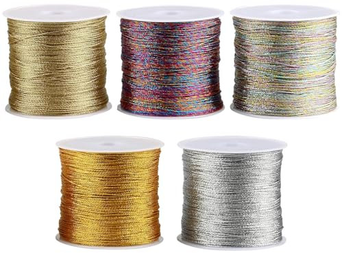 Bangbobi 5 Rotoli di Filato Glitterato, Filo Dorato da 250 m per lavori Artigianali, 0,4 mm x 50 m/Rotolo, Cordino per Realizzare Gioielli, collane e Braccialetti