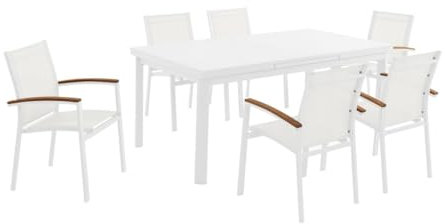 Vente-unique-Garten-Essgruppe: Tisch ausziehbar 180/240 cm + 6 stapelbare Sessel mit Armlehnen aus Akazienholz - Aluminium - Weiß - Nauru von MYLIA