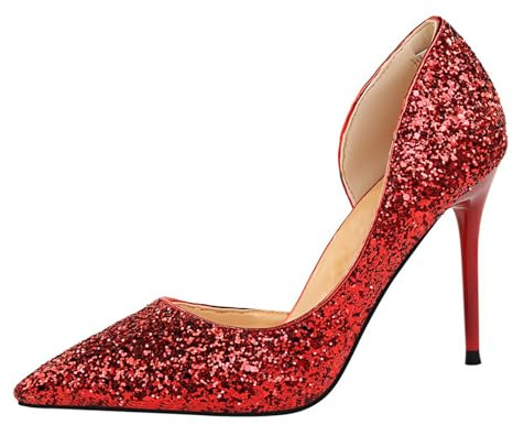 Xinmjoy High Heels Shoe for Women-Pumps Wedding Shoe Sparkling Glitter Closed Toe for Bridal, Elegant, Party & Evening-Red