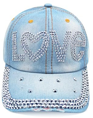 Topstyle Jeans Cap im Vintage Style mit Stern und Strasssteinen Baseball,Glitzernder Denim Baseballcap (DE/NL/SE/PL, Alphanumerisch, Einheitsgröße, 13a22 Love-Hellblau)