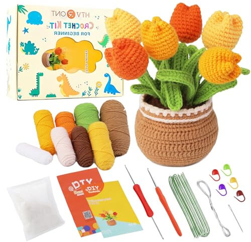 Lonsien Häkelset Kinder Tulpen Häkeln für Anfänger Komplett Amigurumi set Stricken für Anfänger Set für Kinder Erwachsene DIY mit Häkelnadeln Garn mit Schritt-für-Schritt Videoanleitungen