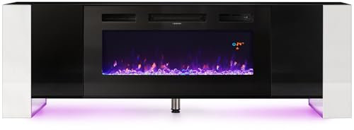Electric Fire Insert TV Stand 78 TV Unit with Fireplace Built in 12 Colors Moon Light & 12 Flame Effect Support Remote Control & Overheat Protection Black