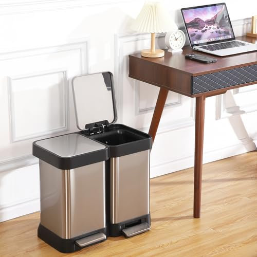 Hapihom Poubelle de cuisine, 40 l, avec 2 compartiments, 2 x 20 l, double poubelle à pédale, en métal, étroite, avec couvercle à fermeture douce pour matériaux recyclés et déchets