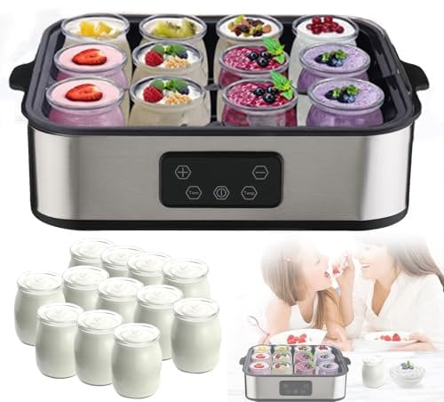 12 Gläser Joghurtbereiter 2200ml | Edelstahl Joghurt Maker mit 48h Timer & Temperaturregelung | Perfekt für Familie & Party, inkl. Rezeptanleitung