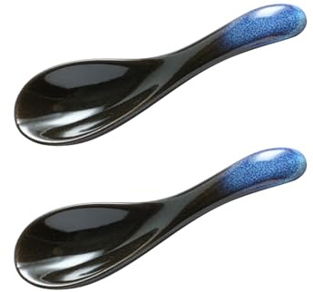 Poraceous 2 Stück Asiatische Suppenlöffel, Ramen Löffel, Japanische Art-Blaue Keramik Suppenlöffel, Porzellanlöffel Chinesische, Retro-Stil Löffel für Getreide Eintöpfe Suppe Dumplings Pho Wonton Miso