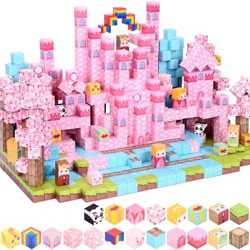 YIHANG Magnetische Bausteine, 160-teiliges Magnetspielzeug, Rosa Schloss für Mädchen