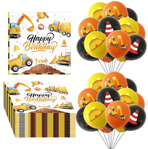 Bagger Geburtstag deko, 40 Stück Servietten Bagger, 30 Stück Baufahrzeug Luftballon, Baustelle Servietten für Kindergeburtstag, Deko Papierservietten Junge Geburtstagsdeko, Baustellen Party Tischdeko