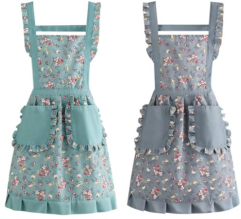 Hnonoxy 2 Stück Schürze Damen Kochschürze mit Großen Taschen, Küchenschürze Schürzen Kitchen Chef Aprons, Blumenschürze Apron Geschenk, Kochen Kochschürze mit 2 Taschen & Blumen-Rüschen