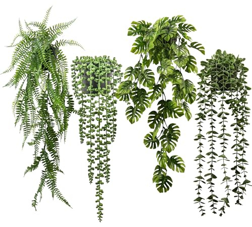 GOVIRAYE 4er-Set Künstliche Hängepflanzen – Realistische Erbsenpflanze, Monstera, Eukalyptus & Farn (42–66 cm) für Wohnen, Büro, Balkon – Pflegeleicht & täuschend echt