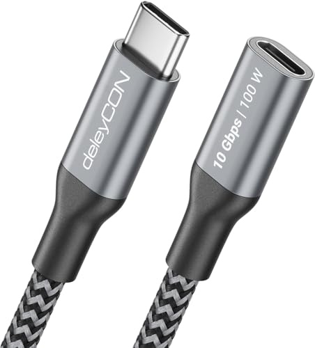deleyCON 2 m 100 W 10 Gbps USB-C Extension Cable (USB 3.2 Gen2) PD 3.0 Charging Cable Data Cable 4K @ 60Hz for iPhone 17 16 15 Pro Max Air Galaxy A16 A26 A56 S26 S25 S24 iPad SSD HDD MacBook PS5
