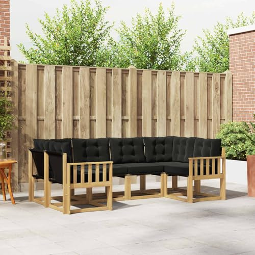 Ziaphsol Juego de 6 sofás de exterior de madera de acacia maciza de color blanco y negro con textileno y cojines desmontables para jardín, terraza, zona de piscina, cómodo salón