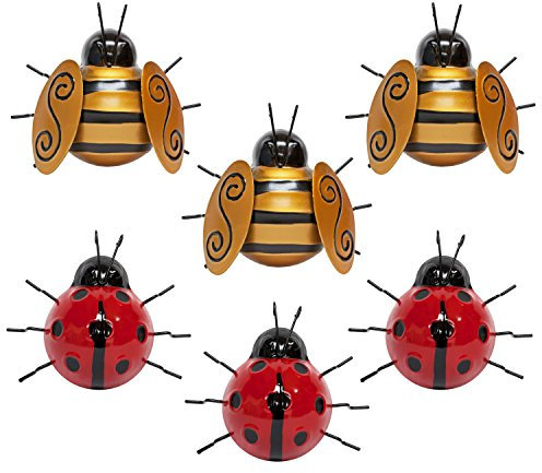 Set of 6 Metal Ladybird & Bee Garden Wall Art Ornaments