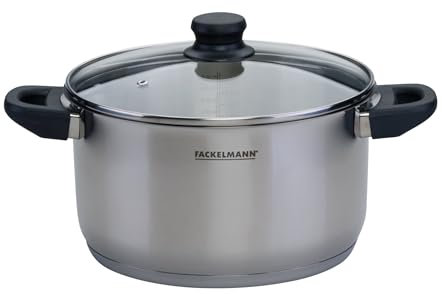 Fackelmann Geneva Olla Alta 24 x13,5 cm, Capacidad 5,4 Litros, Cazo de Acero Inoxidable con Núcleo de Aluminio, Tapa de Vidrio, Resistente a Corrosión y Fácil de Limpiar