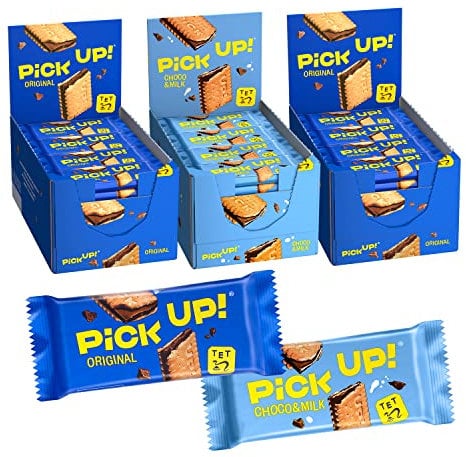 PiCK UP! Thekenaufsteller Bundle mit Original (48 x 28 g) und Choco&Milk (24 x 28 g), Riegel mit knackiger Milchschokolade zwischen zwei Keksen, 3 Aufsteller à 24 Stück