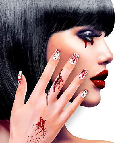 NET TOYS Künstliche Halloween Fingernägel mit Blutspritzern - Weiß-Rot - Unheimliches Damen-Accessoire blutige Nägel zum Aufkleben - Genau richtig für Horror-Party & Gruselparty