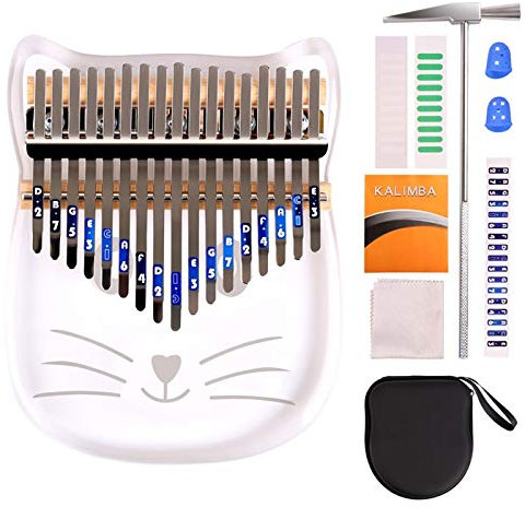 Kalimba 17 Tasten mit EVA-Tasche, ActFun Crystal Daumenklavier Lernanleitung Stimmhammer, transparentes Acryl Mbira Finger Piano Musikinstrument Geschenk für Kinder Erwachsene Anfänger (Katze) katze