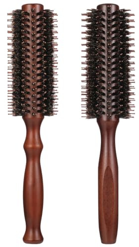 tiopeia 2 Stück Rundbürste Wildschweinborsten Rundhaarbürste Holzgriff Stylingbürste Antistatisch Quiff Roller Haar Kamm für Frauen und Männer, Glätten und Locken, nasses und trockenes Haar
