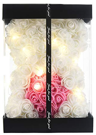 WINWISH Rose Flower Bear - Hand Made Rose Teddy Bear, Perfect Artificial Decoration Gift for Mom, Girls & Parties - Clear Gift Box (White)