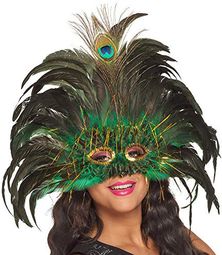 Amakando Elegante Federmaske Pfau für Frauen/Grün-Schwarz/Venezianische Augenmaske mit Pfauenfedern/Perfekt geeignet zu Fasching & Kostümfest