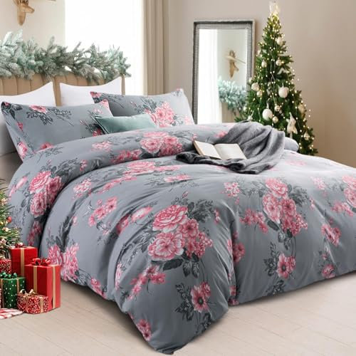 Imperial Rooms King Size Duvet Cover Sets Soft Printed Bedding Set Premium Brushed Microfiber Duvet Covers with Pillowcases (Grey Bouquet 230x220 CM)