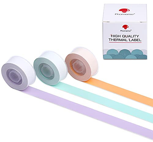 Phomemo 3 Rollen D30 selbstklebendes Endlos-Thermo-Etikettenpapier 1/2 in X 20 Ft (15mm X 6m), für Phomemo D30/D35 Label Maker,Mintgrün, Hellorange, Lavendelviolett