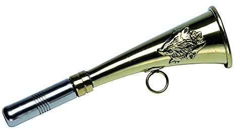 Januel - Corne de Chasse en Battue - Corne à Plate - Longueur 16cm - Anneaux de Transport Soudé - Décor Sanglier - Laiton Doré - Pipet Remplaçable