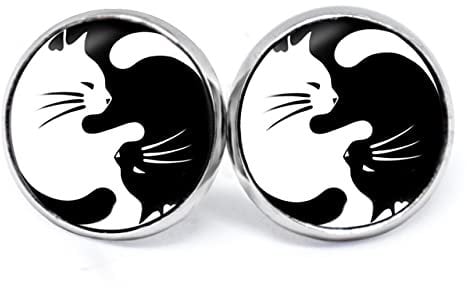 JUANLOWE Yin & Yang Katzen Damen Ohrringe, Kätzchen niedliche Kitty Ohrstecker in Schwarz Weiß mit Cabochon