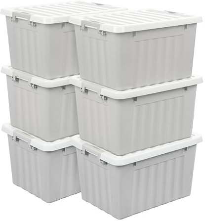 Cetomo 15L*6 Storage Boxes with Lids, Plastic Storage Bins with Latching Buckles, Click Closure, Stackable, Nesting, Organizer for Home Office Clothes, Gray, 15L-6 Pack