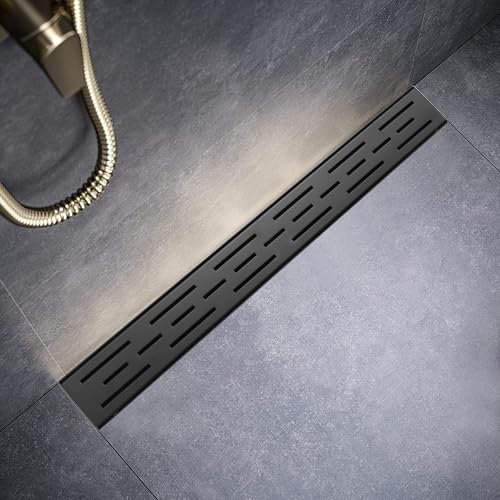 Sharp-tec Duschablauf, 71,1 cm, linearer Duschablauf, mattschwarz, 304 Edelstahl, rechteckiger Duschbodenablauf mit verstellbaren Nivellierfüßen, Haarsieb, cUPC-zertifiziert, ST-101-28B