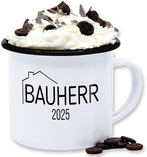 Emaille Tasse Blechtasse - Deko Hobby Geschenk - Bauherr 2025-300 ml - Weiß Schwarz - 2023 hausbau bauherren 2024