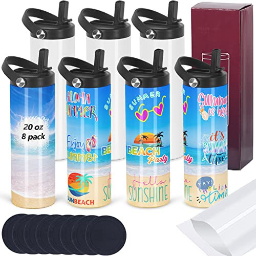 8 Pack Sublimation Tumbler Bulk 20oz Skinny Straight, Double Wall Stainless Steel Tumblers with Portable Handle, Individually Boxed